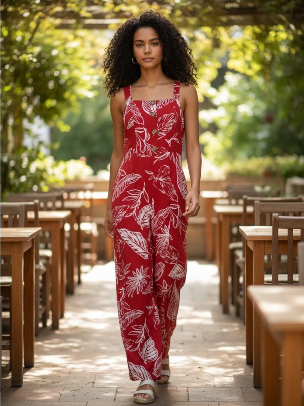 Jeuvre Tropical Leaf Wide Leg Jumpsuit Crisscross Back Red Small